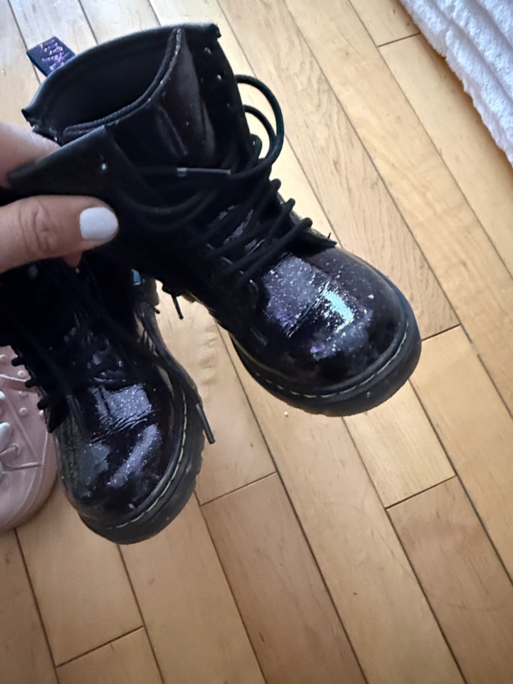 Girls Pink Bunny Sneakers & Dr Martin Black Glitter Lace-Up Boots - Picture 5 of 7